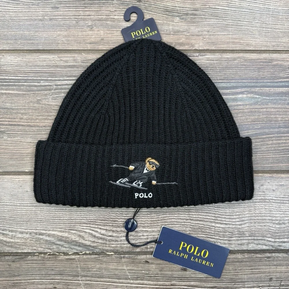 Polo Ralph Lauren Men's 100% Wool Ski Bear Tuxedo Hat Beanie Black NEW